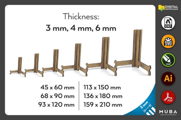 6 Szs Easel Stand, Photo Frame Stand Svg for Laser Cutting and Stands