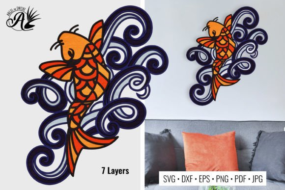 Fish and Swirly Waves Multilayered Art for Laser Cutting Wall Decor